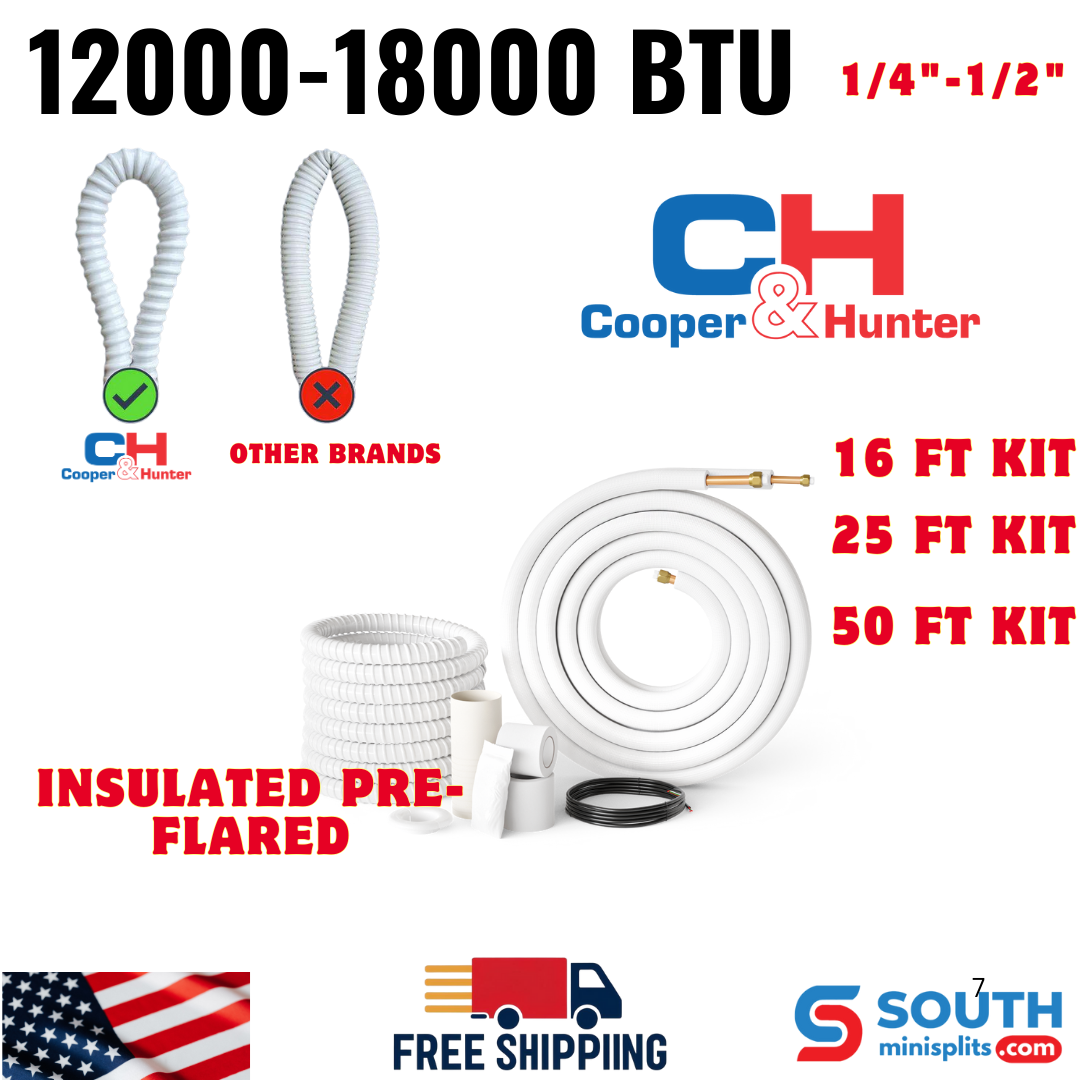 Line set 1/4"-1/2" Mini Split Installation Kit Insulated Pre-Flared 16ft/25ft/50ft with Connection Wires for 12000-18000 BTU Unit Systems - South Mini Splits