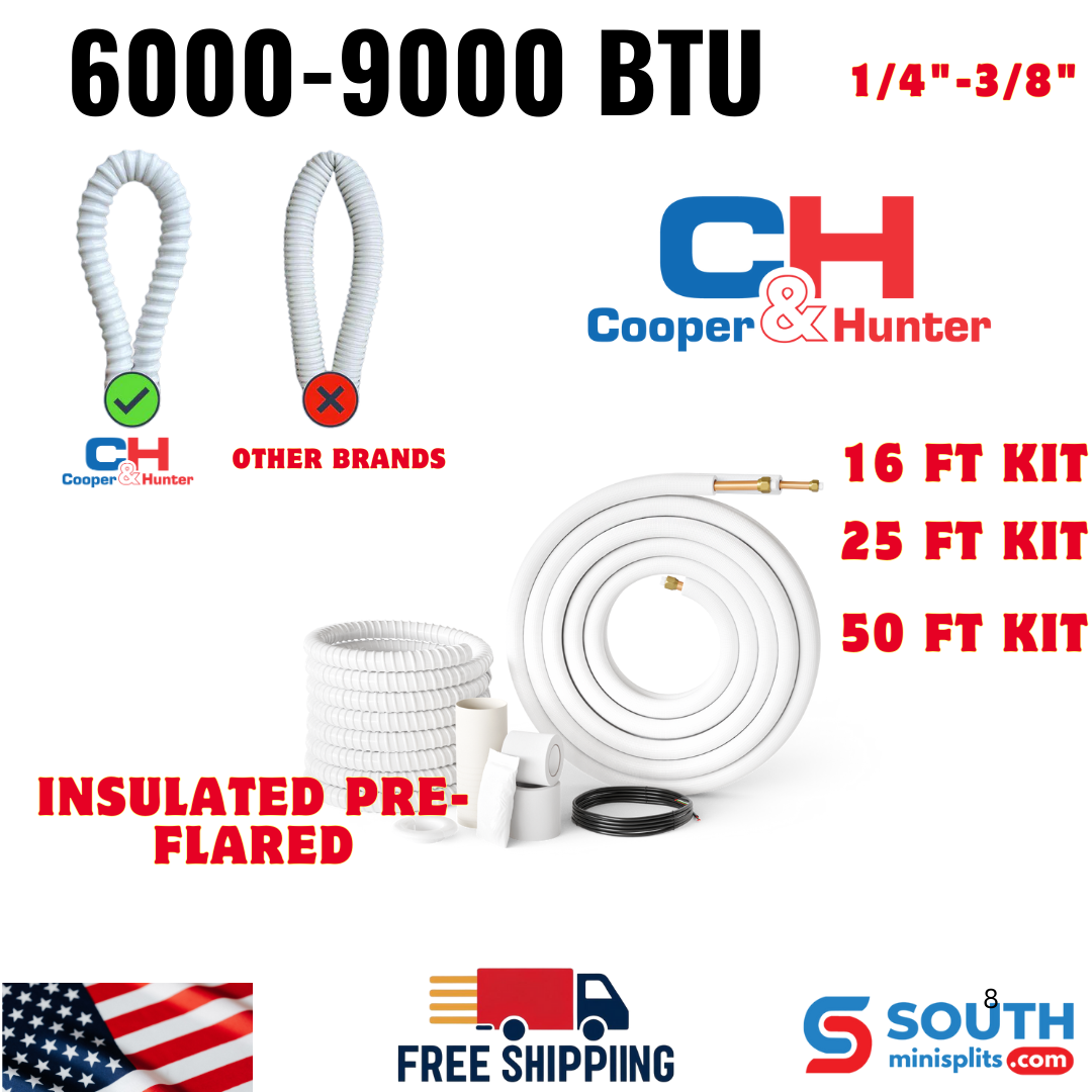 Line set 1/4"-3/8" Installation Kit for Ductless Mini Split, Insulated Pre-Flared Copper 16ft/25ft/50ft with Data Wire for 6000-9000 BTU Unit Systems - South Mini Splits