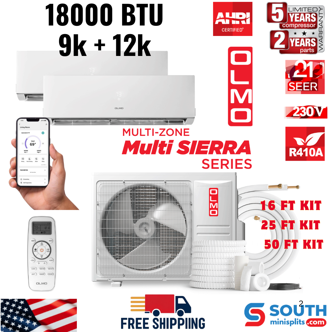2 Zone OLMO Sierra Multi-Zone, 1.5 Ton Air Conditioner, 18,000 BTU Dual Zone with 9k+12k BTU Wall Mount Ductless Mini Split A/C and Heater, R410A, 21.3 SEER Inverter Heat Pump, 230V, Dual Head, Includes Optional 16ft, 25ft, or 50ft Installation Kits - South Mini Splits