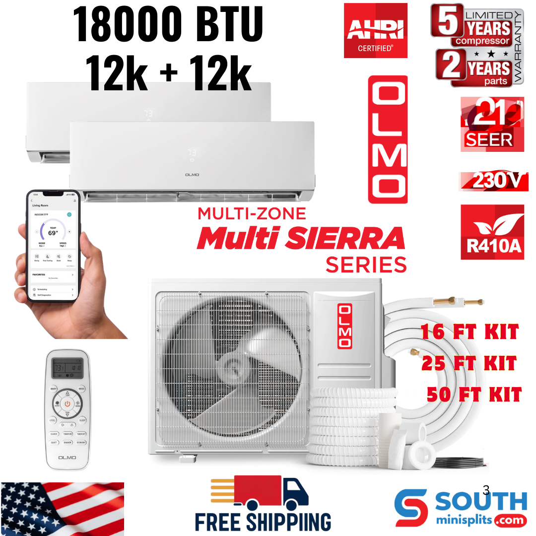 2 Zone OLMO Sierra Multi-Zone, 1.5 Ton Air Conditioner, 18,000 BTU Dual Zone with 12k+12k BTU Wall Mount Ductless Mini Split A/C and Heater, R410A, 21.3 SEER Inverter Heat Pump, 230V, Dual Head, Optional 16ft, 25ft, or 50ft Installation Kits - South Mini Splits
