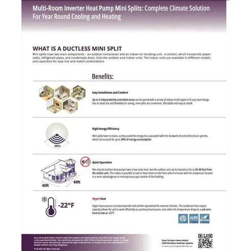 48,000 BTU 2 Zone 18k+24k with 25FT Installation Kits, Hyper Heat Series 21.5 SEER 3 TON Dual Zone Ductless Multi Mini Split Air Conditioners Wi-Fi Adapter Included