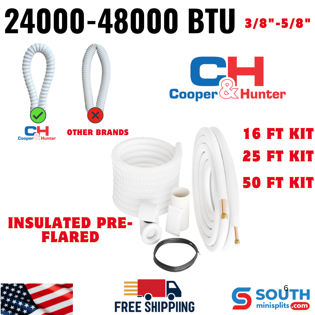 3/8"-5/8" Mini Split Installation Kit Insulated Pre-Flared 16ft/25ft/50ft with Connection Wires for 24,000-48,000 BTU 2 Ton - 4 Ton Air Conditioner Heat Pump Inverter Unit Systems. - South Mini Splits