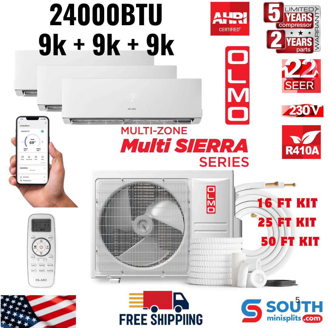 3 Zone (3 Heads) OLMO Sierra Multi-Zone Air Conditioner 24,000 BTU Tri Zone 9K + 9K + 9K BTU Wall Mount Ductless Mini Split Inverter Heat Pump 230V A/C and Heater with Optional 16ft, 25ft or 50ft Installation Kits, R410A - South Mini Splits