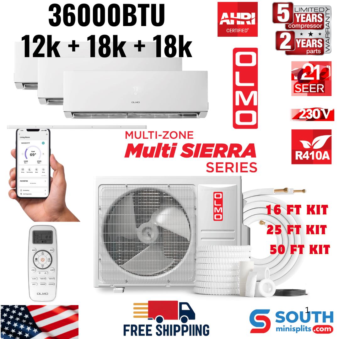 3 Zone OLMO Sierra Multi-Zone 36,000 BTU 3 Ton Inverter Heat Pump, (3 Heads) 230V Air Conditioner Tri Zone 12K + 18K + 18K BTU Wall Mount Ductless Mini Split A/C and Heater with Optional 16ft, 25ft or 50ft Installation Kits, R410A