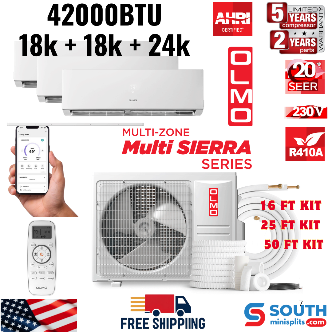 3 Zone (3 Heads) OLMO Sierra Multi-Zone 42,000 BTU, 3.5 TON, R410A, Tri Zone 18K + 18K + 24K BTU Wall Mount Ductless Mini Split Air Conditioner and Heater, Inverter with Heat Pump, 230V, Optional 16ft, 25ft or 50ft Installation Kits