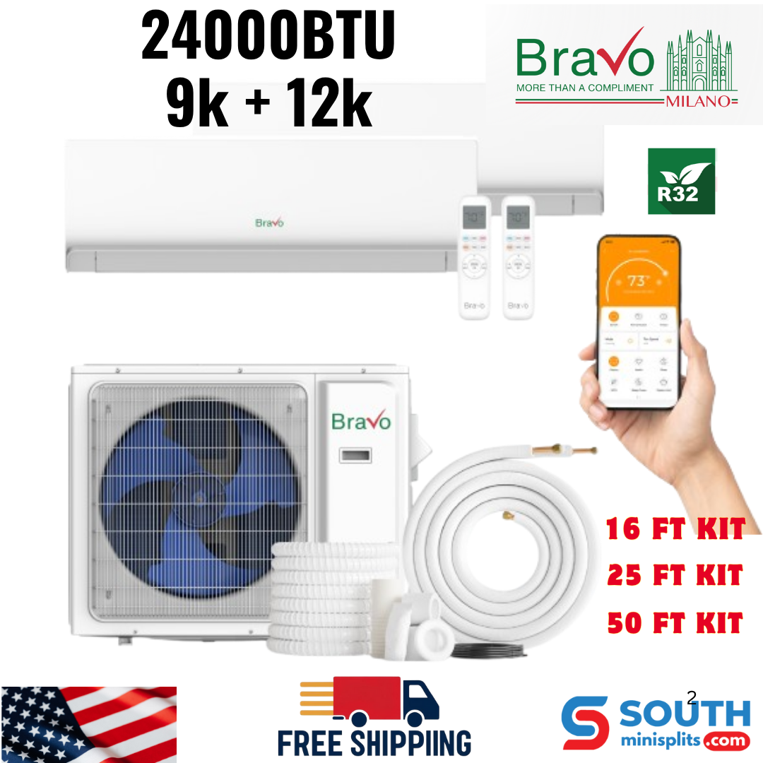 Bravo Milano Series 2-Zone Ductless Mini Split AC & Heat Pump – 24000 BTU (2 Ton), Wall Mount Units 9K+12K BTU, Inverter Technology, 230V, Heating & Cooling - South Mini Splits