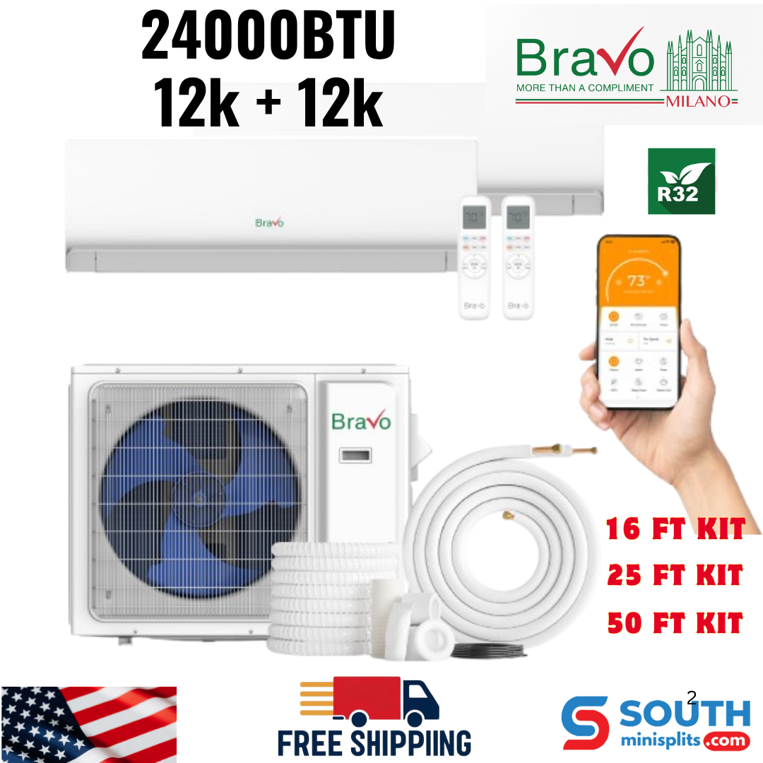 Bravo Milano Series 2-Zone Ductless Mini Split AC & Heat Pump – 24000 BTU (2 Ton), Wall Mount Units 12K+12K BTU, Inverter Technology, 230V, Heating & Cooling - South Mini Splits