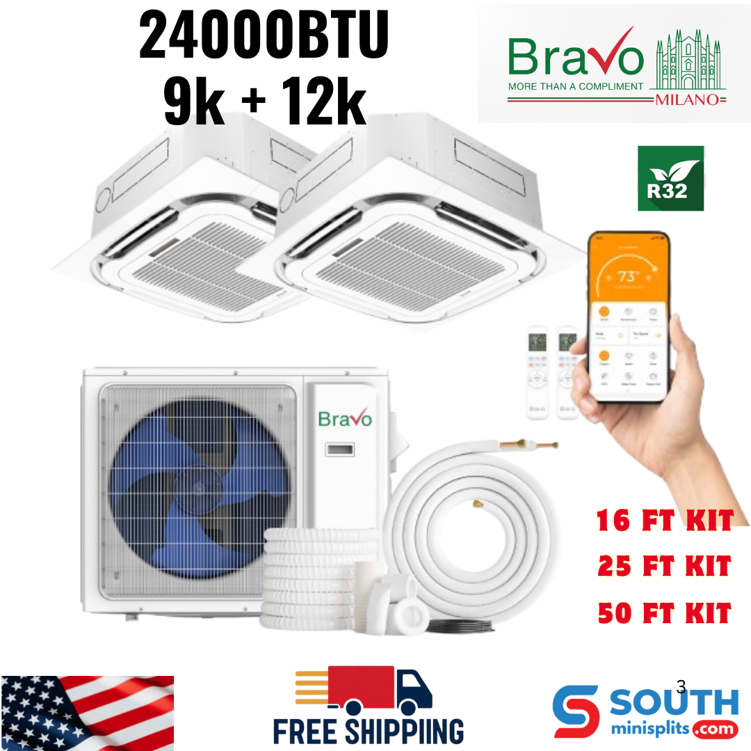 Bravo Milano Series 2-Zone Ductless Mini Split AC & Heat Pump – 24,000 BTU (2 Ton), Ceiling Cassette Units (9K+12K BTU), Inverter Technology, 230V, Heating & Cooling