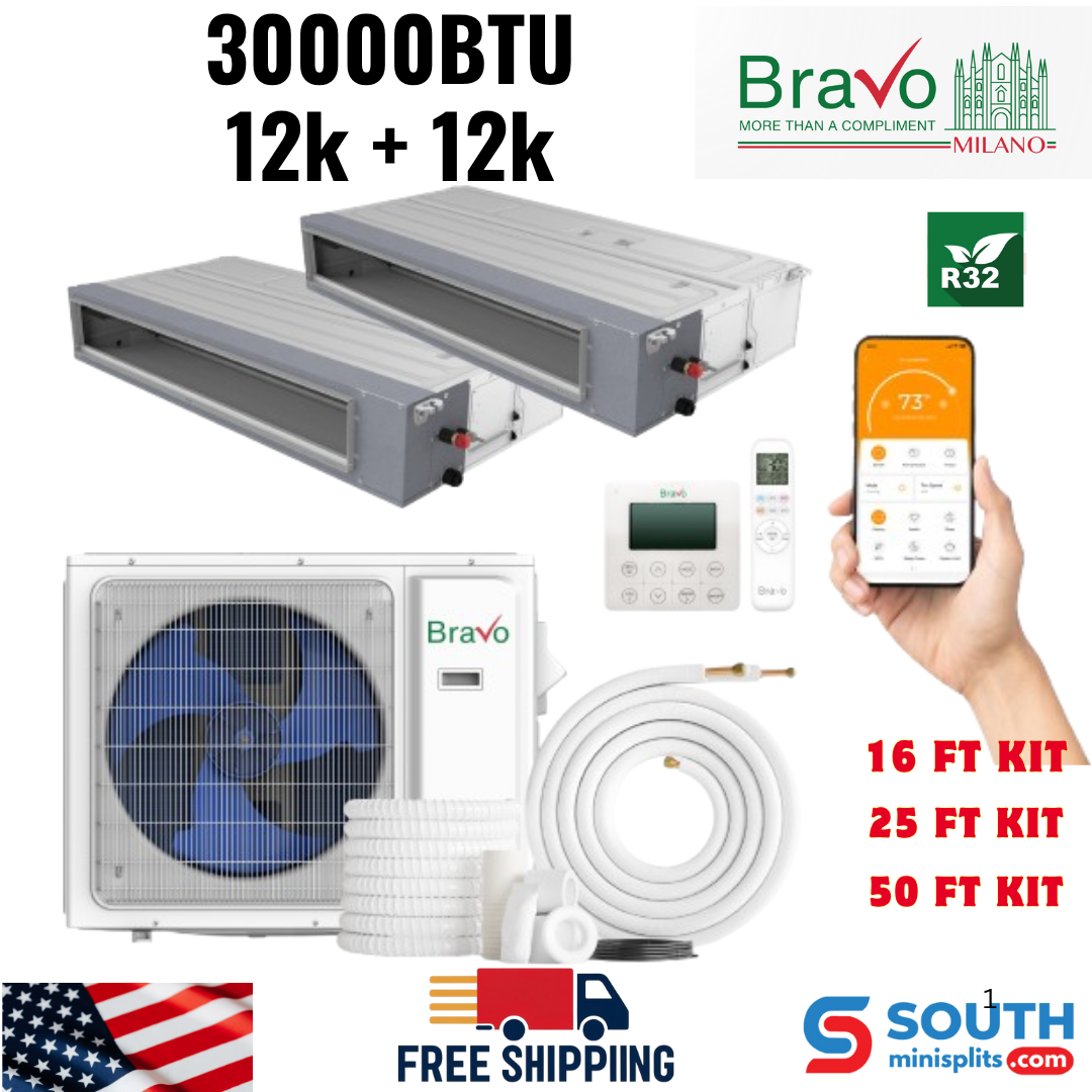 Bravo Milano Series 2-Zone Ducted Mini Split AC & Heat Pump – 30000 BTU (2.5 Ton), Slim Duct Units (12K+12K BTU), Inverter Technology, 230V, Heating & Cooling
