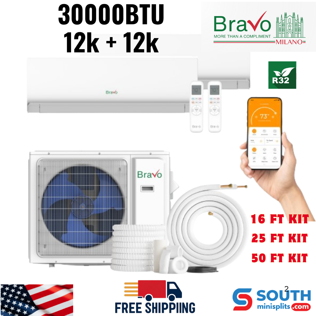Bravo Milano Series 2-Zone Ductless Mini Split AC & Heat Pump – 30000 BTU (2.5 Ton), Wall Mount Units 12K+12K BTU, Inverter Technology, 230V, Heating & Cooling