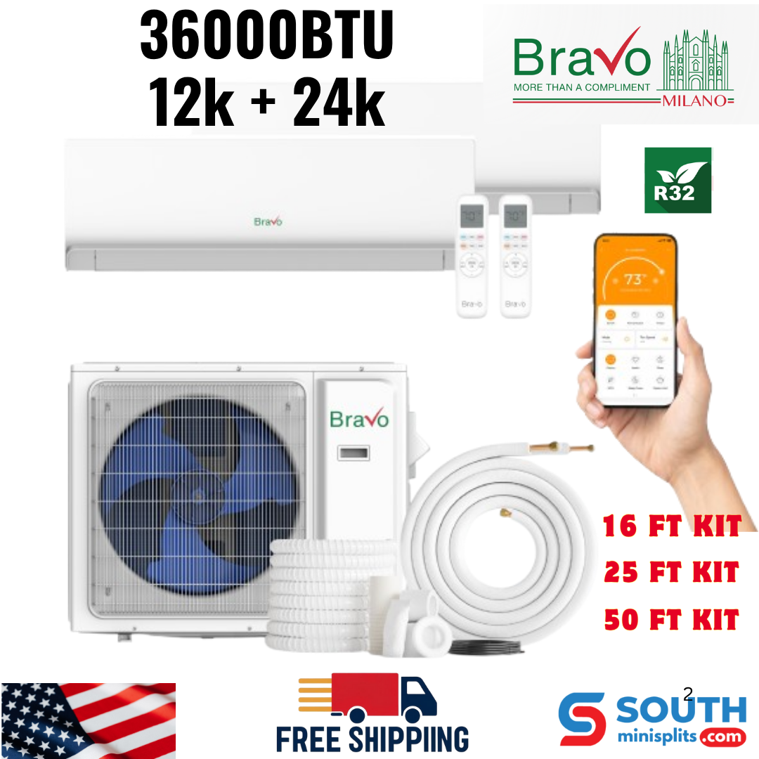 Bravo Milano Series 2-Zone Ducted Mini Split AC & Heat Pump -- 36,000 BTU (3 Ton), Wall Mount Units (12K+24K BTU), Inverter Technology, 208-230V, Heating & Cooling