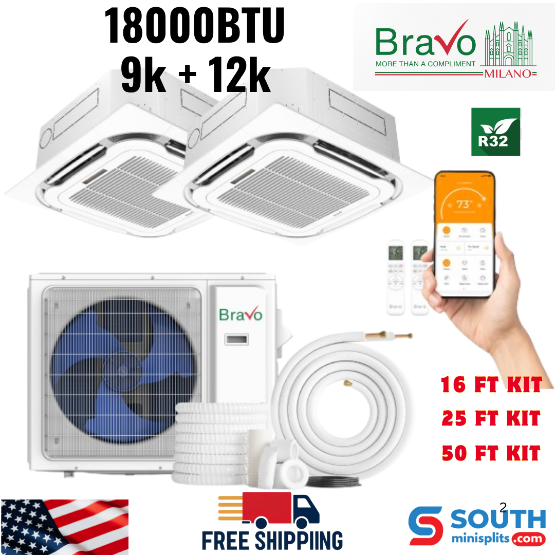 Bravo Milano Series 2-Zone Ductless Mini Split AC & Heat Pump – 18,000 BTU (1.5 Ton), Ceiling Cassette Units (9K+12K BTU), Inverter Technology, 230V, Heating & Cooling