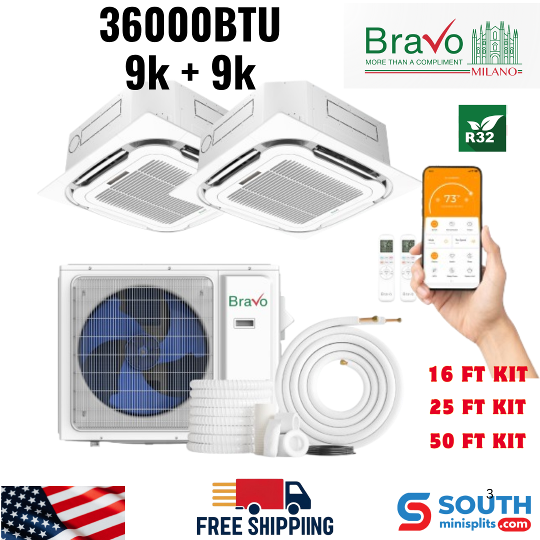 Bravo Milano Series 2-Zone Ductless Mini Split AC & Heat Pump – 36,000 BTU (3 Ton), Ceiling Cassette Units (9K+9K BTU), Inverter Technology, 230V, Heating & Cooling
