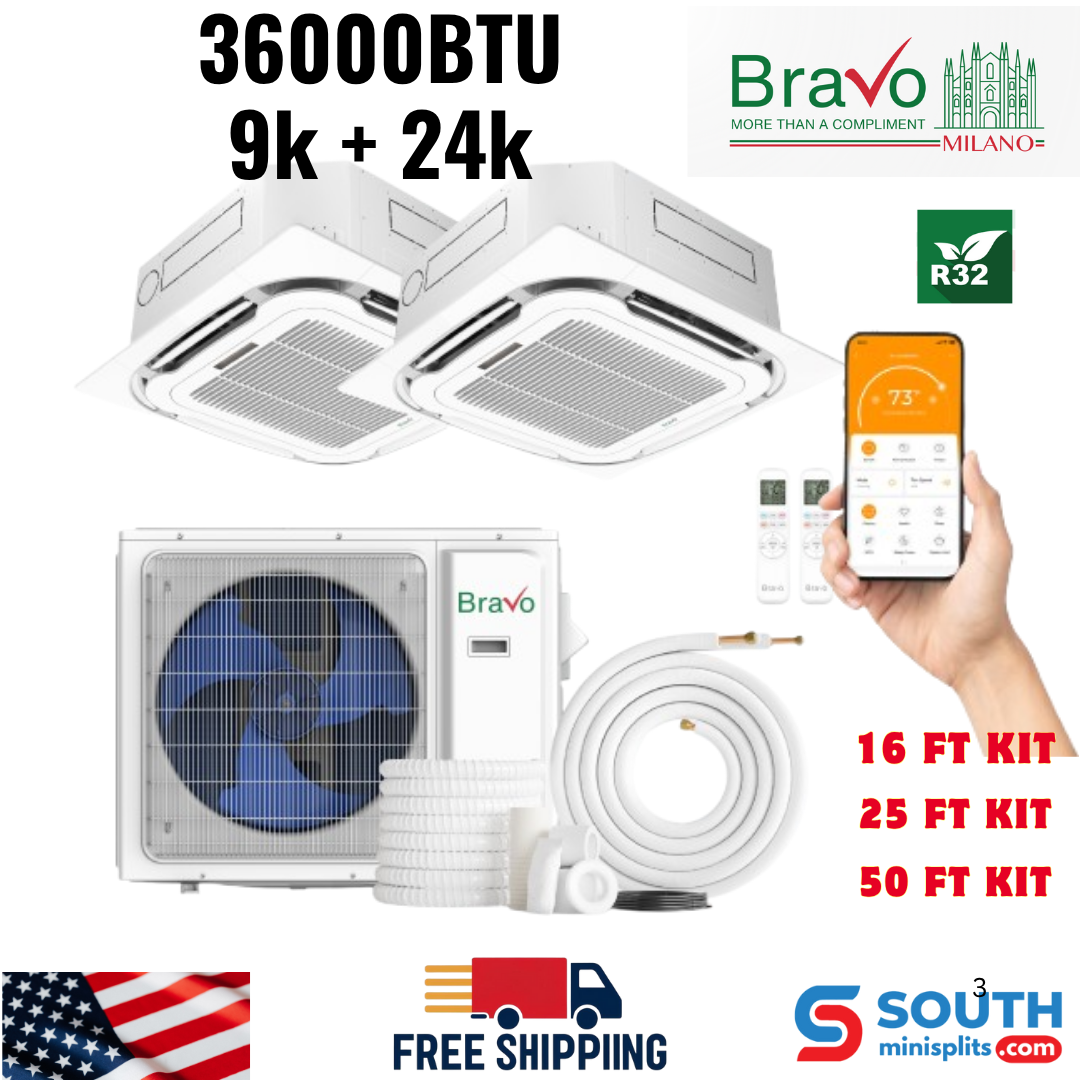 Bravo Milano Series 2-Zone Ductless Mini Split AC & Heat Pump – 36,000 BTU (3 Ton), Ceiling Cassette Units (9K+24K BTU), Inverter Technology, 230V, Heating & Cooling - South Mini Splits