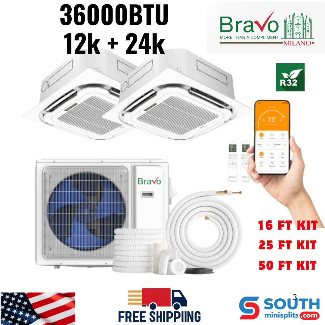 Bravo Milano Series 2-Zone Ductless Mini Split AC & Heat Pump – 36,000 BTU (3 Ton), Ceiling Cassette Units (12K+24K BTU), Inverter Technology, 230V, Heating & Cooling