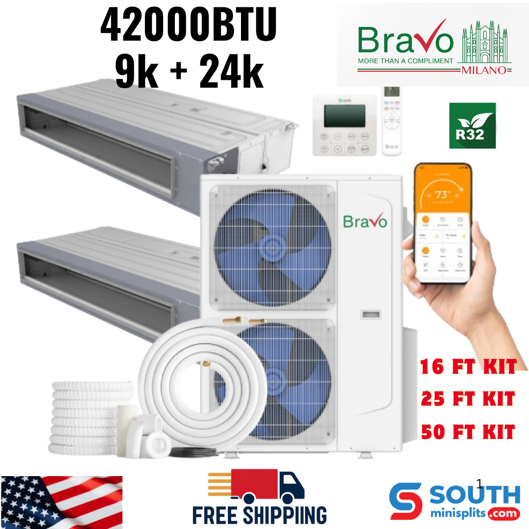 Bravo Milano Series 2-Zone Ducted Mini Split AC & Heat Pump – 42000 BTU (3.5 Ton), Slim Duct Units (9K+24K BTU), Inverter Technology, 230V, Heating & Cooling