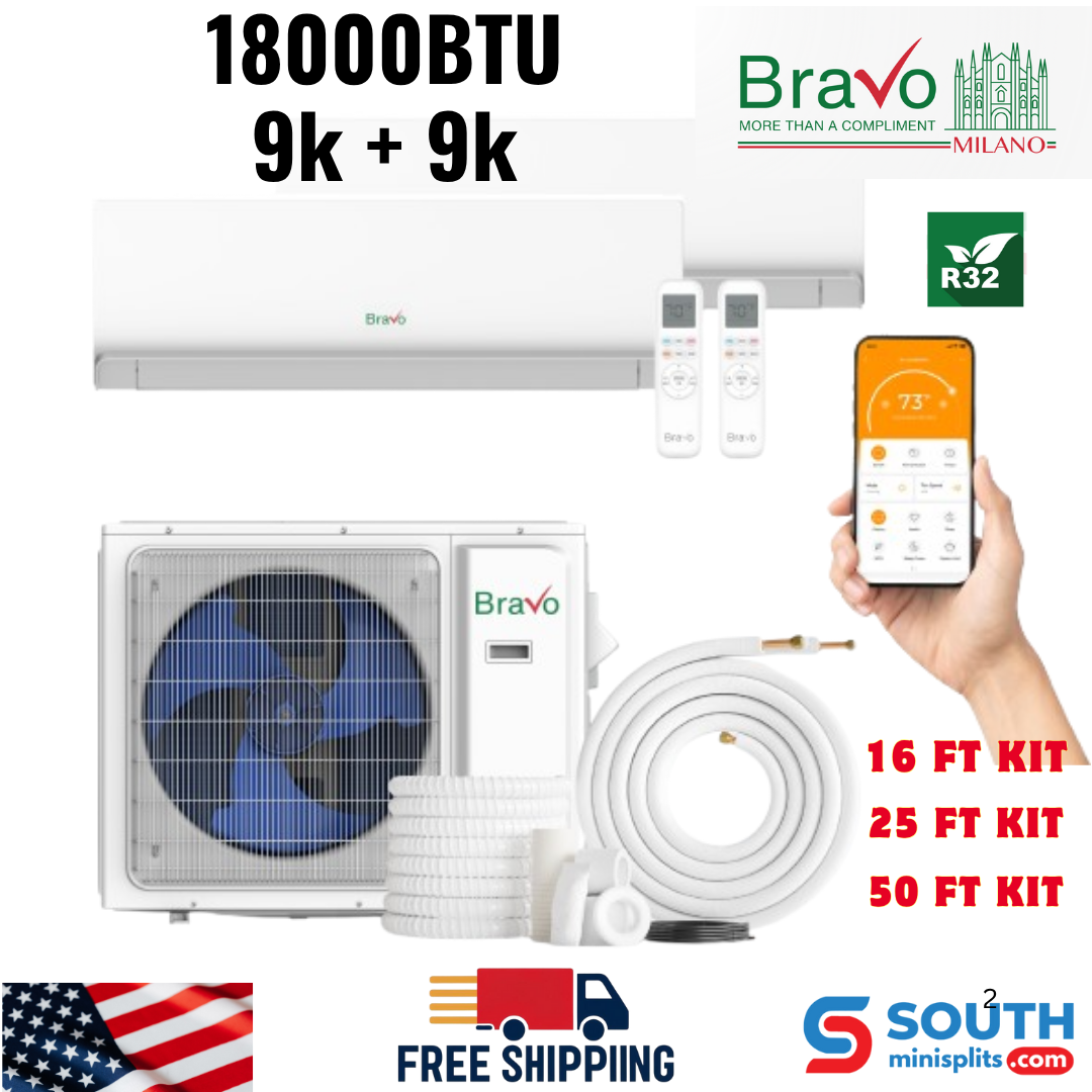 Bravo Milano Series 2-Zone Ducted Mini Split AC & Heat Pump – 18000 BTU (1.5 Ton), Wall Mount Units 9K+9K BTU, Inverter Technology, 230V, Heating & Cooling