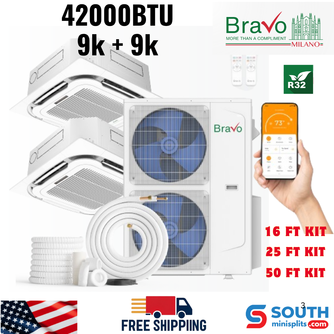 Bravo Milano Series 2-Zone Ductless Mini Split AC & Heat Pump – 42,000 BTU (3.5 Ton), Ceiling Cassette Units (9K+9K BTU), Inverter Technology, 230V, Heating & Cooling