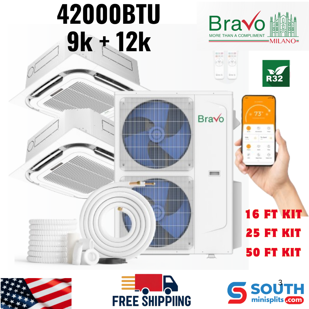 Bravo Milano Series 2-Zone Ductless Mini Split AC & Heat Pump – 42,000 BTU (3.5 Ton), Ceiling Cassette Units (9K+12K BTU), Inverter Technology, 230V, Heating & Cooling