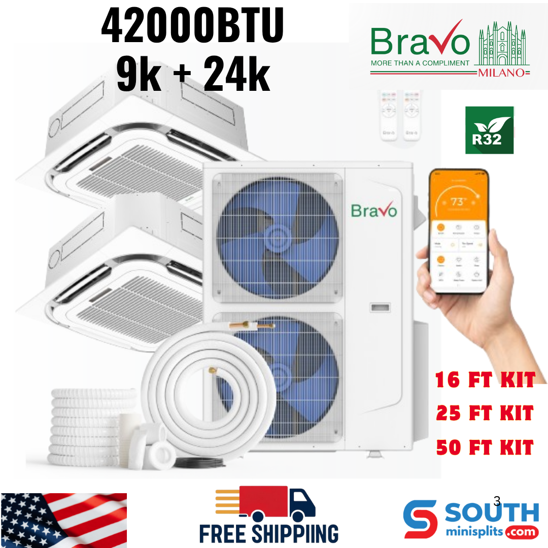 Bravo Milano Series 2-Zone Ductless Mini Split AC & Heat Pump – 42,000 BTU (3.5 Ton), Ceiling Cassette Units (9K+24K BTU), Inverter Technology, 230V, Heating & Cooling - South Mini Splits