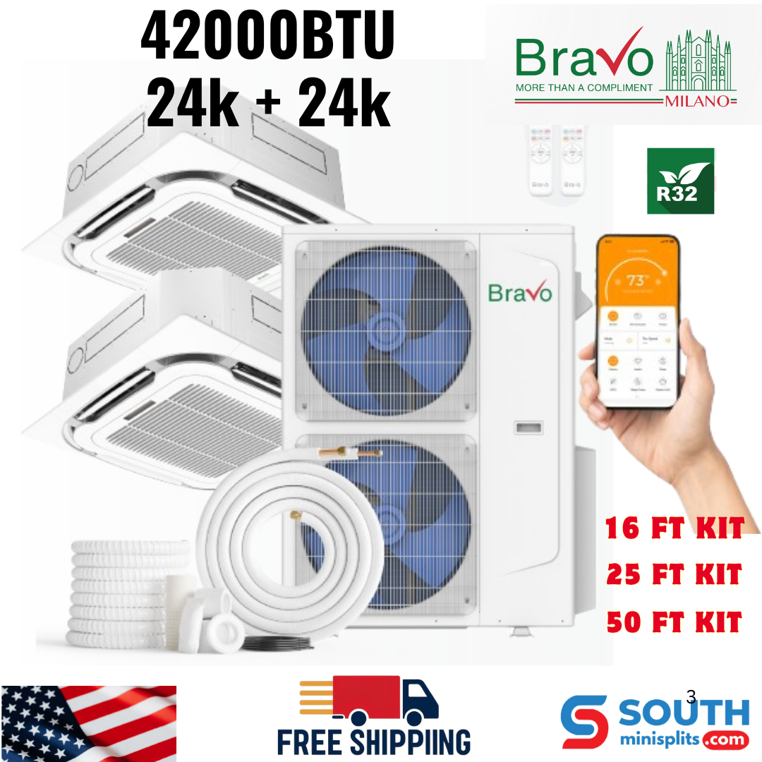 Bravo Milano Series 2-Zone Ductless Mini Split AC & Heat Pump – 42,000 BTU (3.5 Ton), Ceiling Cassette Units (24K+24K BTU), Inverter Technology, 230V, Heating & Cooling - South Mini Splits