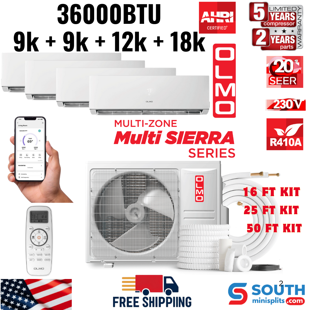4 Zone OLMO Sierra Multi-Zone 36,000 BTU Quad Zone 9K + 9K + 12K + 18K BTU Wall Mount Ductless Mini Split A/C and Heater, R410A, with Optional 16ft, 25ft or 50ft Installation Kits