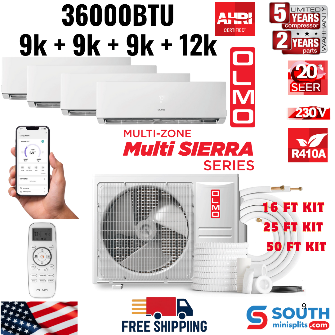 4 Zone OLMO Sierra Multi-Zone 36,000 BTU Quad Zone 9K + 9K + 9K + 12K BTU Wall Mount Ductless Mini Split A/C and Heater, R410A, with Optional 16ft, 25ft or 50ft Installation Kits - South Mini Splits