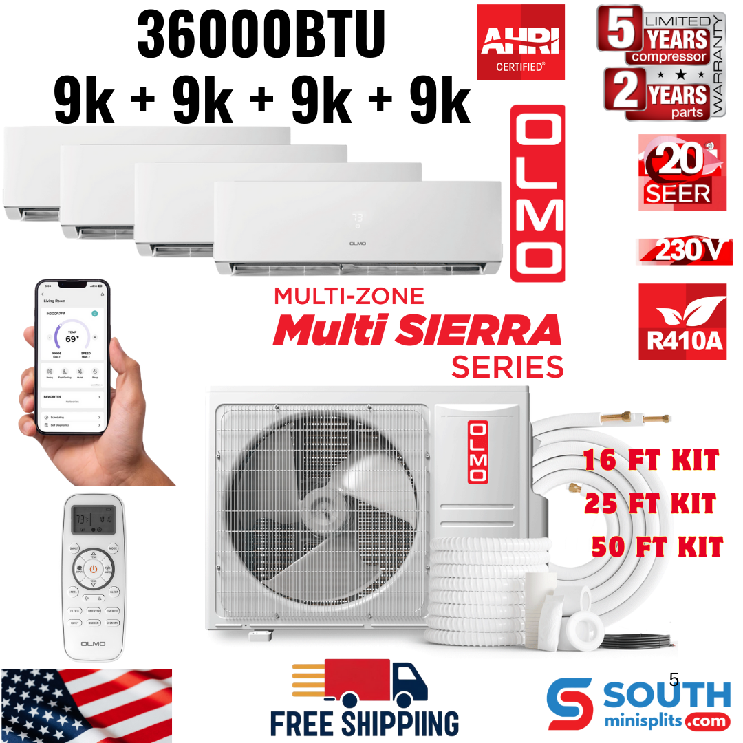 4 Zone OLMO Sierra Multi-Zone 36,000 BTU Quad Zone 9K + 9K + 9K + 9K BTU Wall Mount Ductless Mini Split A/C and Heater, R410A, with Optional 16ft, 25ft or 50ft Installation Kits - South Mini Splits