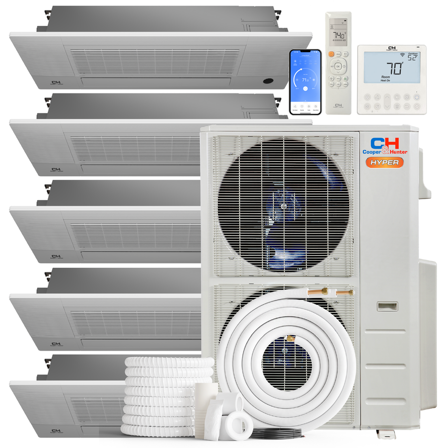South Mini Splits | Cooper&Hunter Hyper Heat 5-Zone Ductless Mini Split AC & Heat Pump -- 55000 BTU (4.6 Ton) Without Shut-off Valves, One-Way Cassette Units (6K+9K+9K+18K+18K) BTU, Inverter Technology, 230V, Heating & Cooling