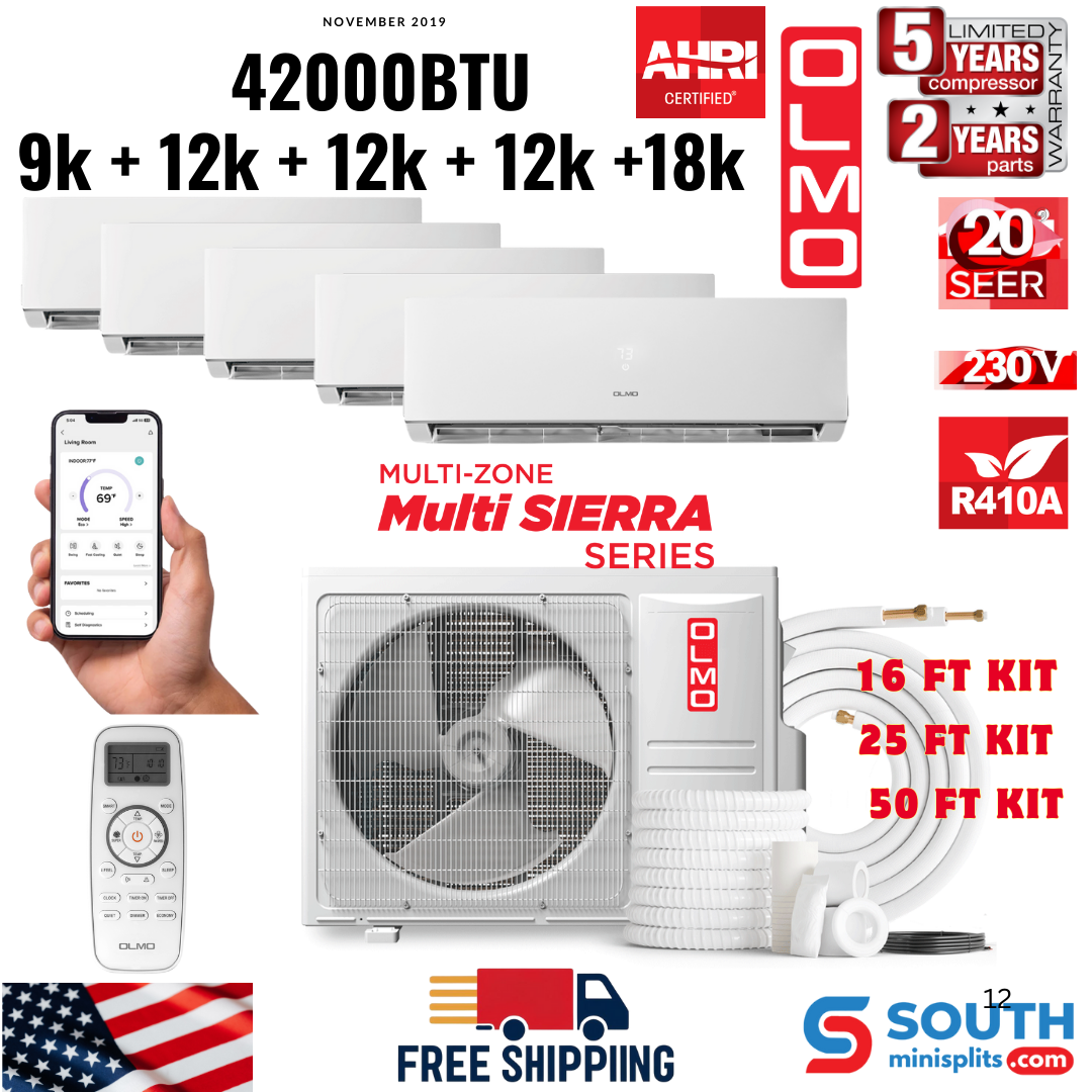 5 Zone (5 Heads) OLMO Sierra Multi-Zone 42,000 BTU, 3.5 TON, R410A, Quad Zone 9K + 12K + 12K + 12K + 18K BTU Wall Mount Ductless Mini Split Air Conditioner and Heater, Inverter with Heat Pump, 230V, Optional 16ft, 25ft or 50ft Installation Kits
