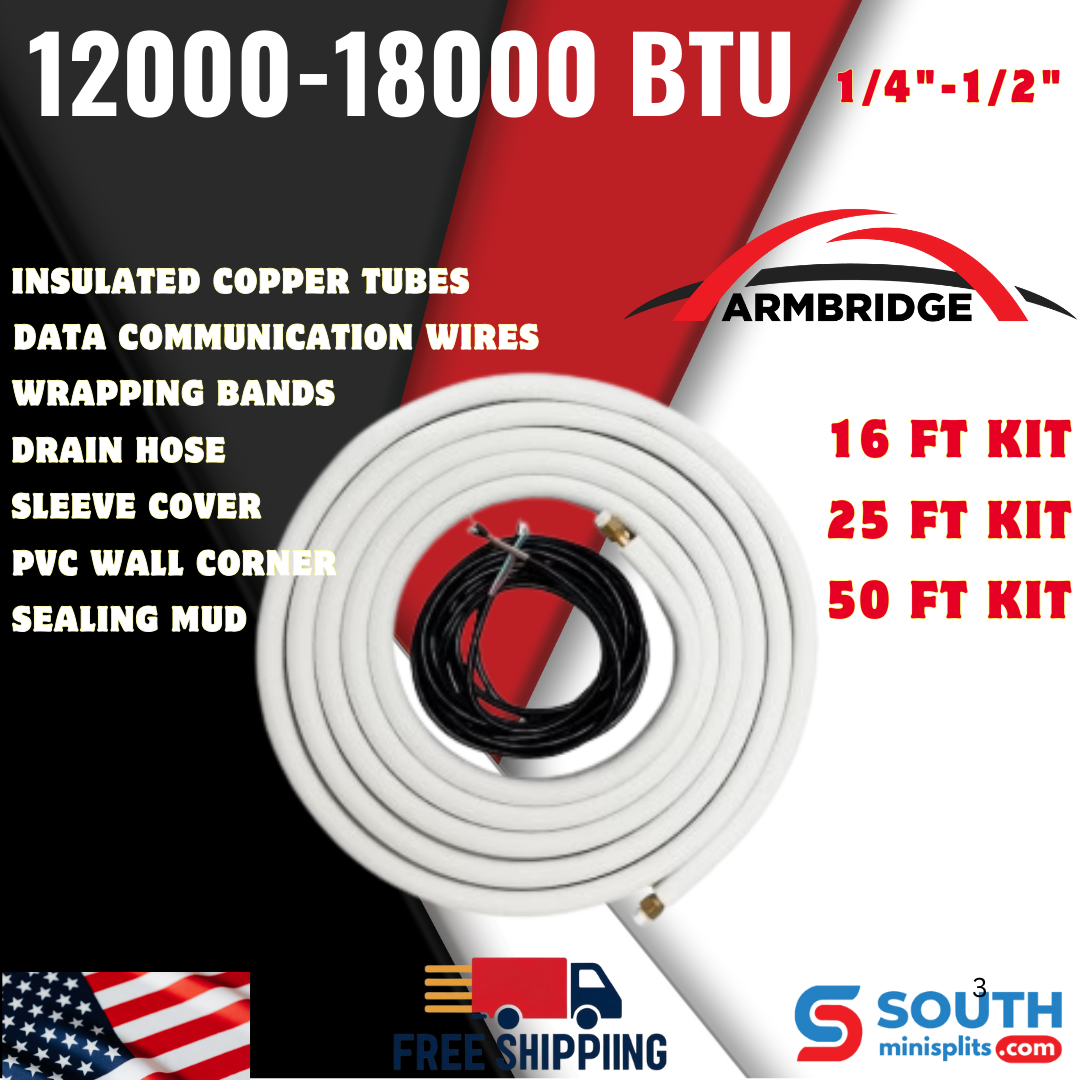 ARMBRIDGE Line set 1/4"-1/2" Mini Split Installation Kit Pre-Flared 16ft/25ft/50ft with Connection Wires for 12000-18000 BTU Unit Systems