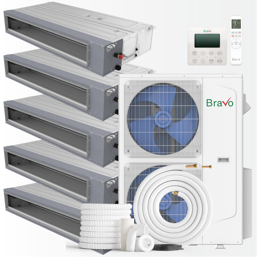 Bravo Milano Series 5-Zone Ducted Mini Split AC & Heat Pump – 42000 BTU (3.5 Ton), Slim Duct Units (9k+ 9k + 9K + 9K + 24k BTU), Inverter Technology, 230V, Heating & Cooling - South Mini Splits