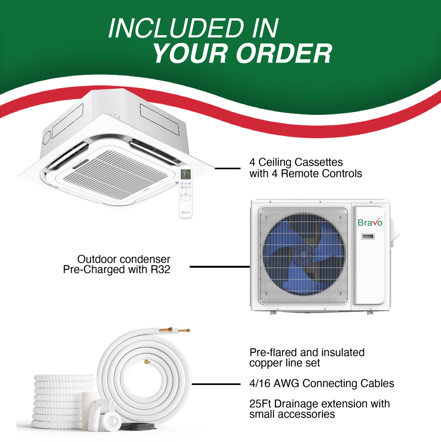 Bravo Milano Series 4-Zone Ductless Mini Split AC & Heat Pump – 36,000 BTU (3 Ton), Ceiling Cassette Units (9K+9K+9K+18K BTU), Inverter Technology, 230V, Heating & Cooling -