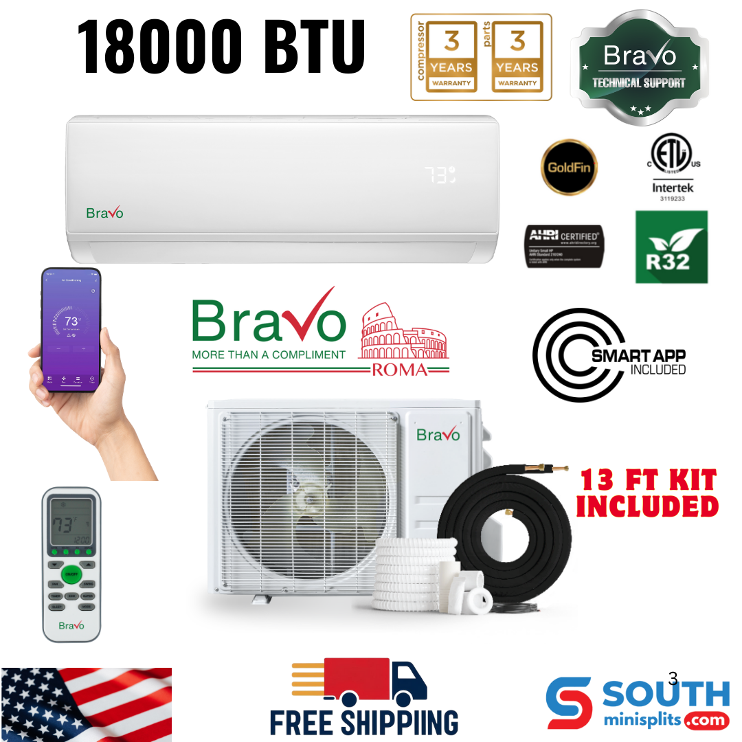 Bravo Roma Single Zone Wall Mount, 1.5 Ton Mini Split AC, Heat Pump, R32, 18,000 BTU Wall Mount Ductless Mini Split, 18 SEER Inverter System, 208/230V/60HZ, Single Head, Smart app, 13FT Installation Kit Included, BRV-R18W-230VI + BRV-R18LS-230VO - South Mini Splits