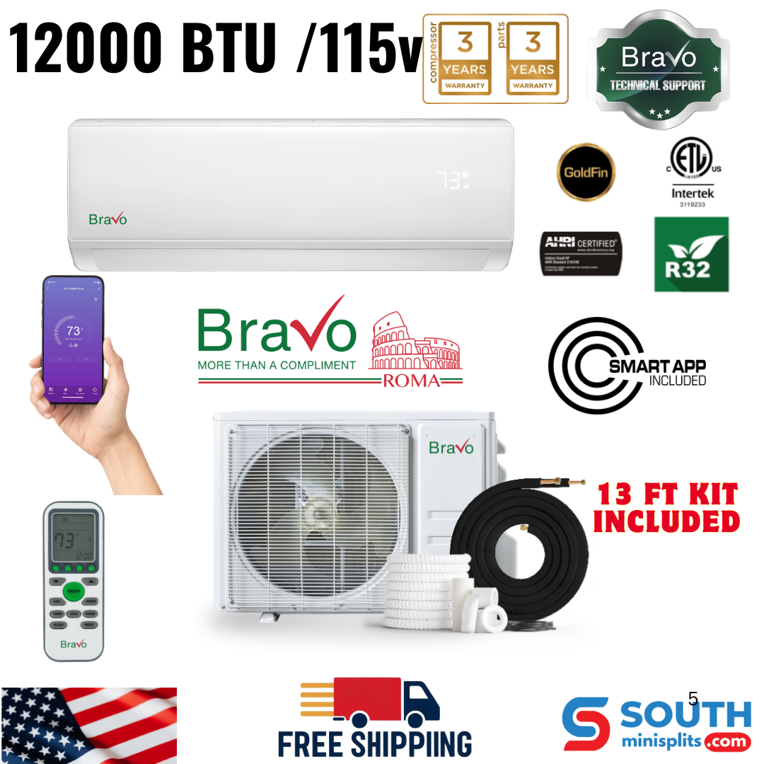 Bravo Roma Single Zone Wall Mount, 1 Ton Mini Split AC and Heat Pump, R32, 12,000 BTU Wall Mount Ductless Mini Split, 17 SEER Inverter System, 115V/60HZ, Single Head, Smart app, 13FT Installation Kit Included, BRV-R12W-115VI + BRV-R12LS-115VO - South Mini Splits