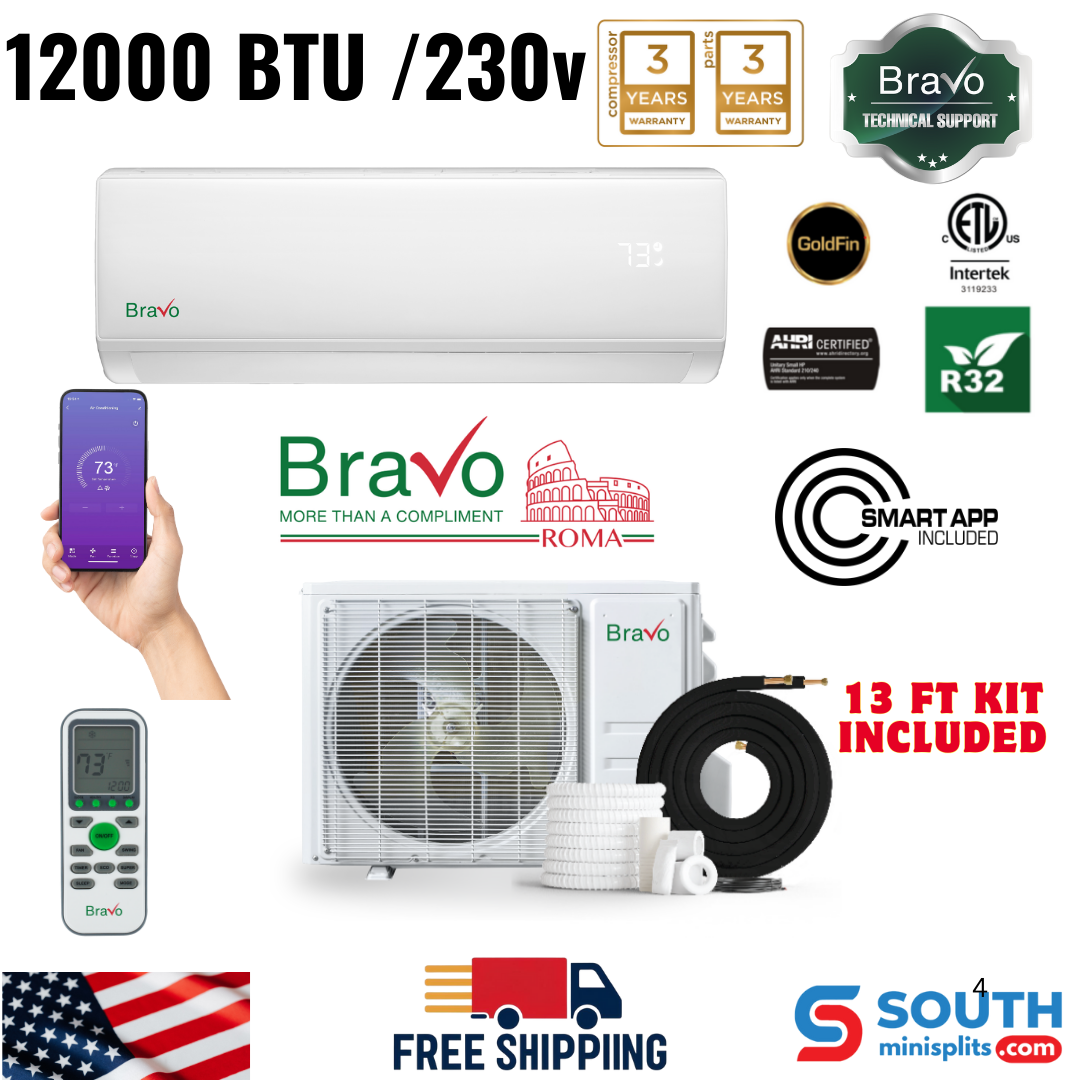 Bravo Roma Single Zone Wall Mount, 1 Ton Mini Split AC and Heat Pump, R32, 12,000 BTU Wall Mount Ductless Mini Split, 16 SEER Inverter System, 230V/60HZ, Single Head, Smart app, 13FT Installation Kit Included, BRV-R12W-230VI + BRV-R12LS-230VO - South Mini Splits