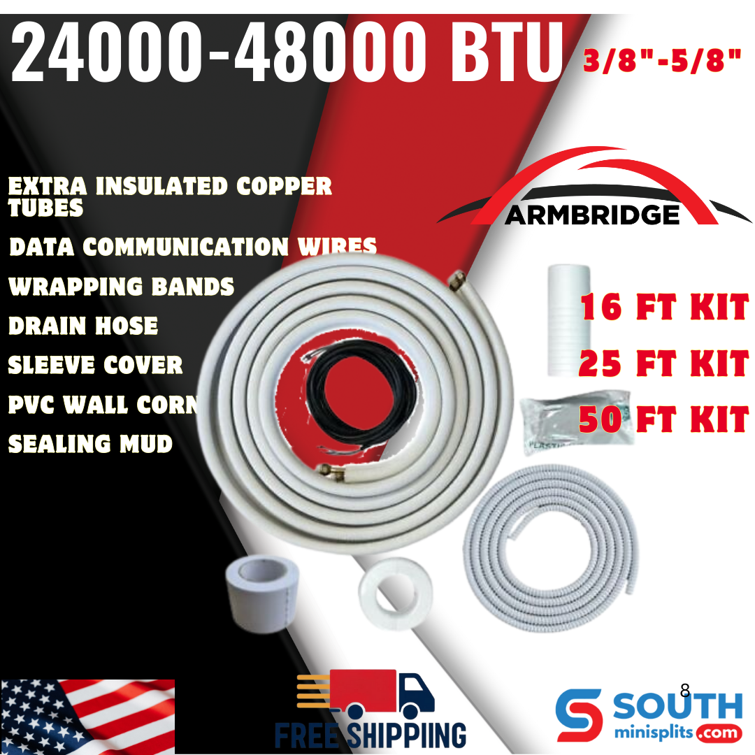 Extra Insulation ARMBRIDGE 3/8"-5/8" Mini Split Installation Kit Pre-Flared 16ft/25ft/50ft with Connection Wires for 24,000-48,000 BTU 2 Ton - 4 Ton Air Conditioner Heat Pump Inverter Unit Systems.