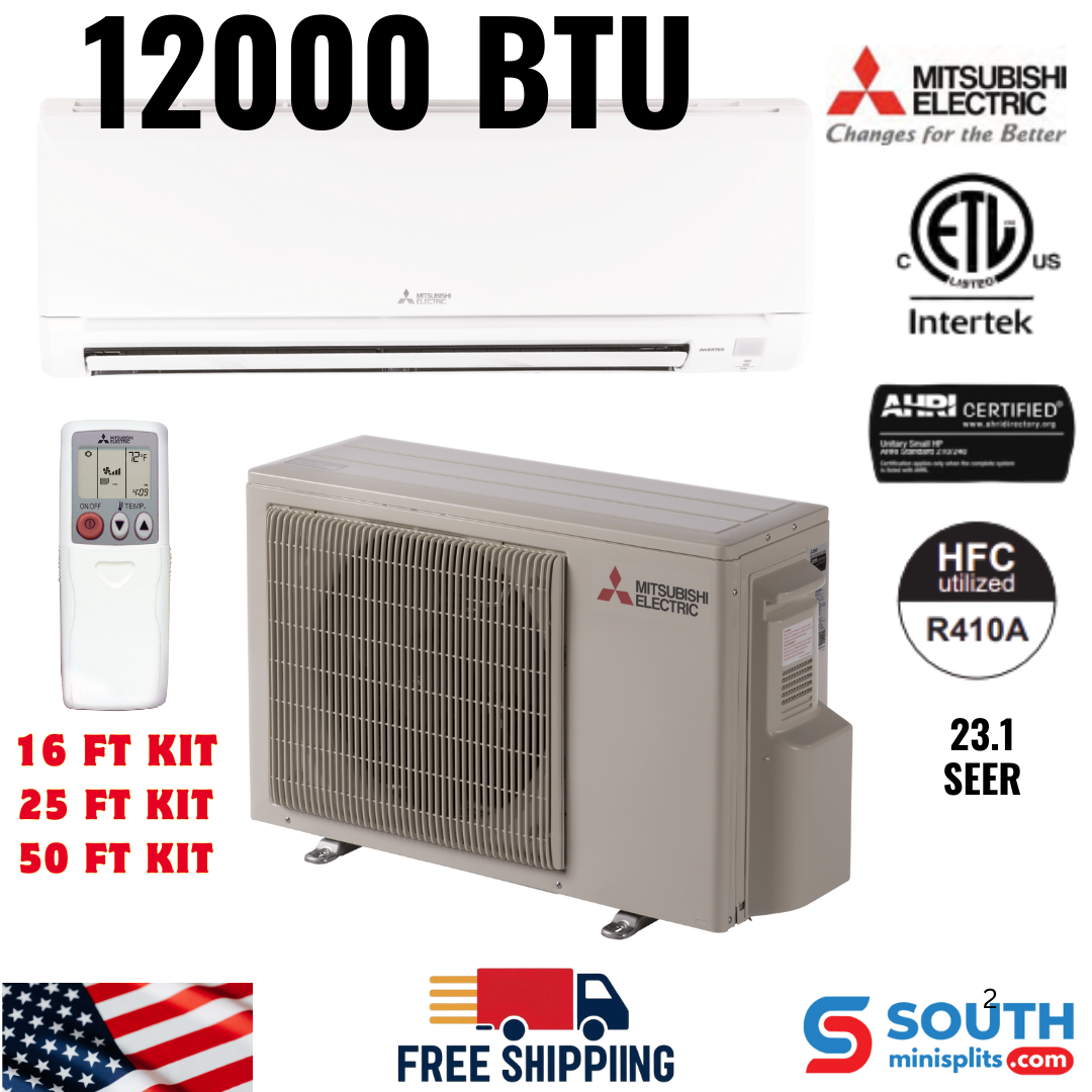 Mitsubishi Mini Split AC, R410A, 12,000 BTU, 1 Ton, 23.1 SEER Wall Mount Air Conditioner Ductless Mini Split, Heat Pump, Inverter System GS Single Zone - MSZ-GS12NA-U1 + MUZ-GS12NA-U1
