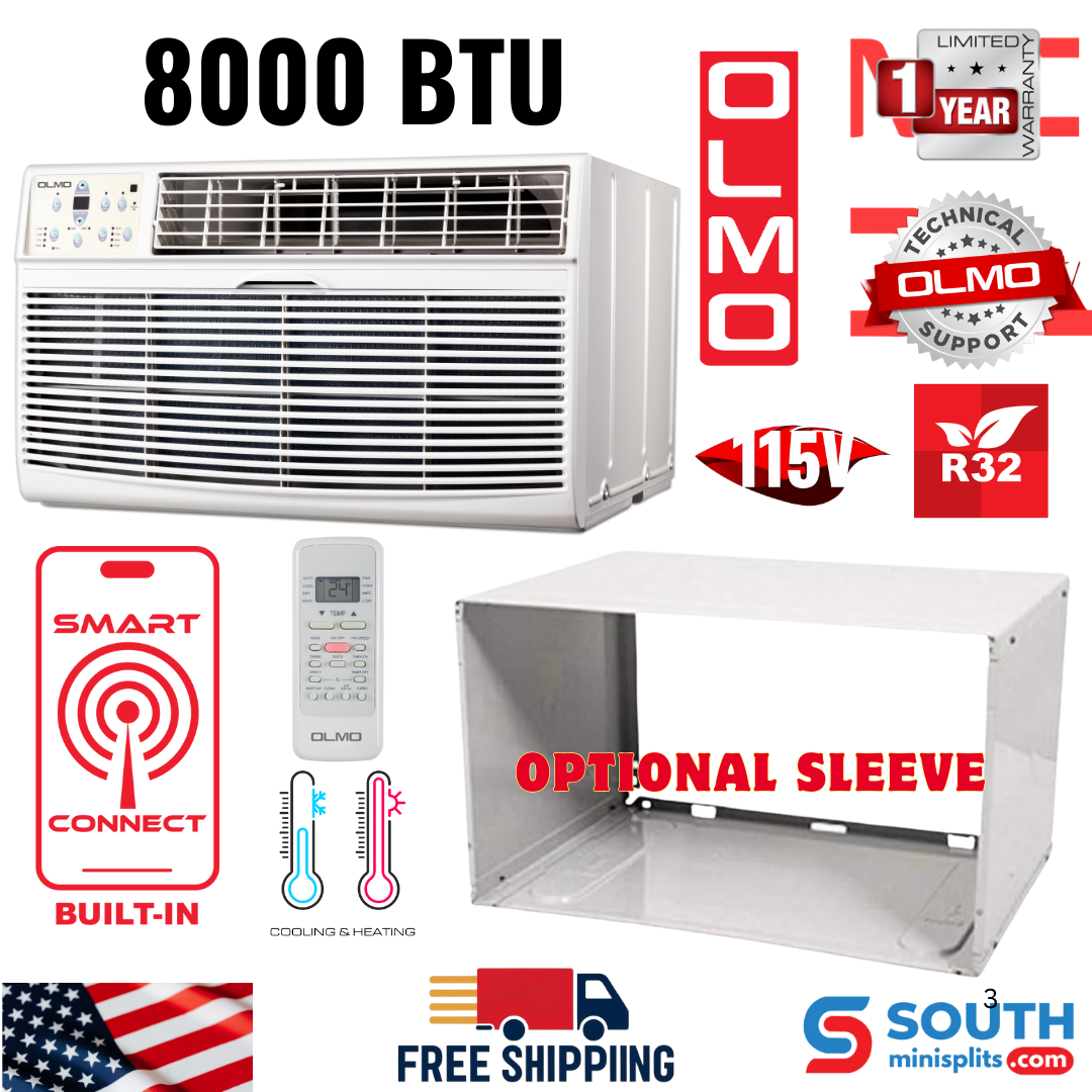 OLMO TTW Through The Wall (Heating and Cooling) Air Conditioner 8,000 BTU 115v/60hz with Remote Control, Smart Connect and Optional Sleeve OW-P08HS115WF - South Mini Splits