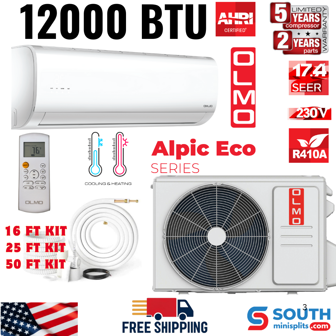 OLMO Alpic Eco Series, R410A, 1 Ton Air Conditioner and Heat Pump, 12,000 BTU Mini Split Ductless, 17.4 SEER Inverter System, 230V, Single Head, with Installation Kit Option SKU OS-EL12ALP230VI + OS-EL12ALP230VO - South Mini Splits