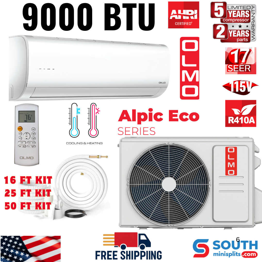 OLMO Alpic Eco Series, R410A, 9,000 BTU 115V Single Zone 0.75 Ton High Wall Air Conditioner and Heat Pump, Ductless Mini Split Inverter System, 17 SEER Single Head, with Choice of Optional Installation Kit, OS-EL09ALP115VI + OS-EL09ALP115VO - South Mini Splits