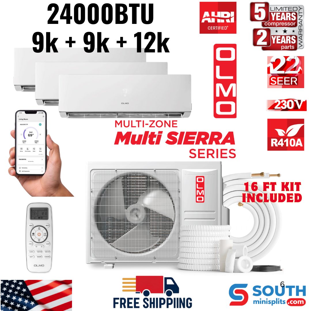 OLMO R410A, 24,000 BTU Tri Zone 9000 + 9000 + 12000 BTU Wall Mount Ductless Mini Split A/C and Heater with 16ft Installation Kits