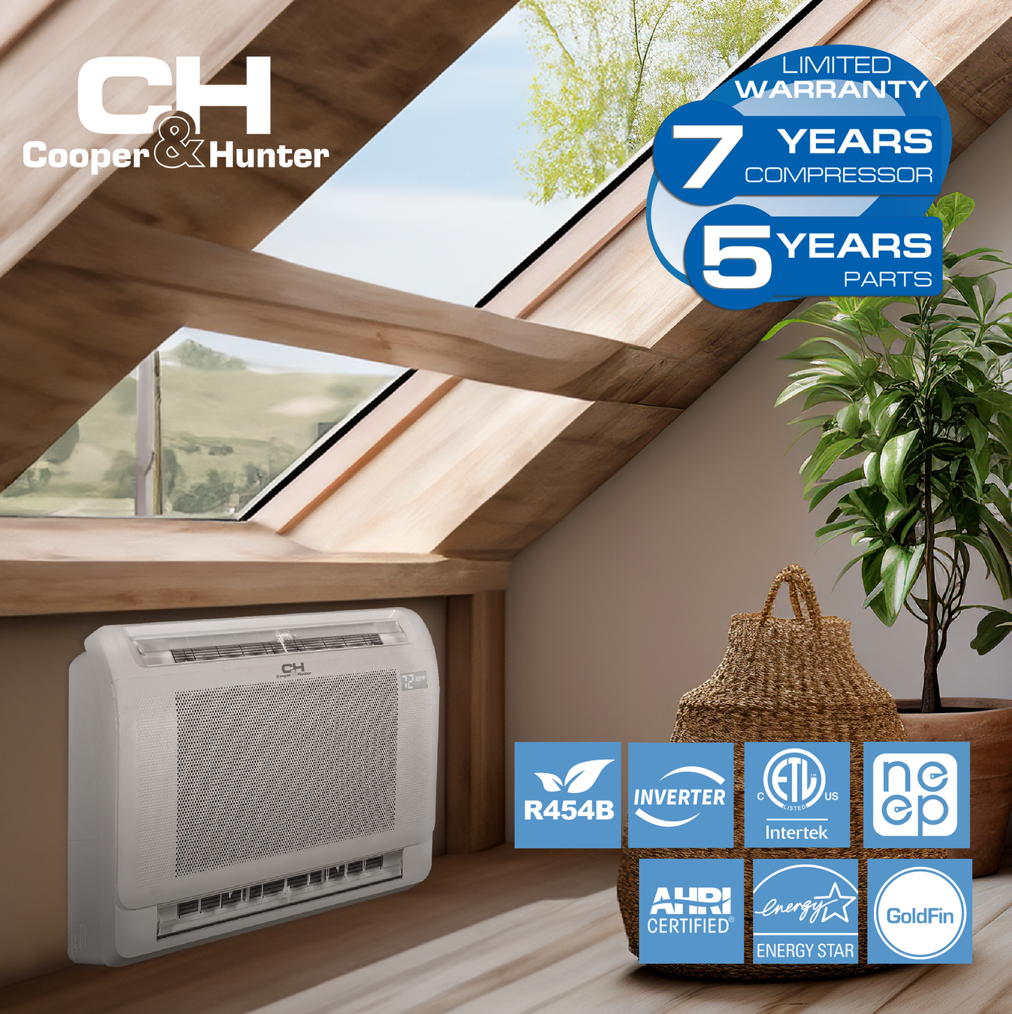 Cooper&Hunter 3-Zone Mini Split AC & Heat Pump -- 60000 (5.0 Ton), Mini Floor Console Units (9K+12K+18K BTU), Inverter Technology, 230V, Heating & Cooling - R454B