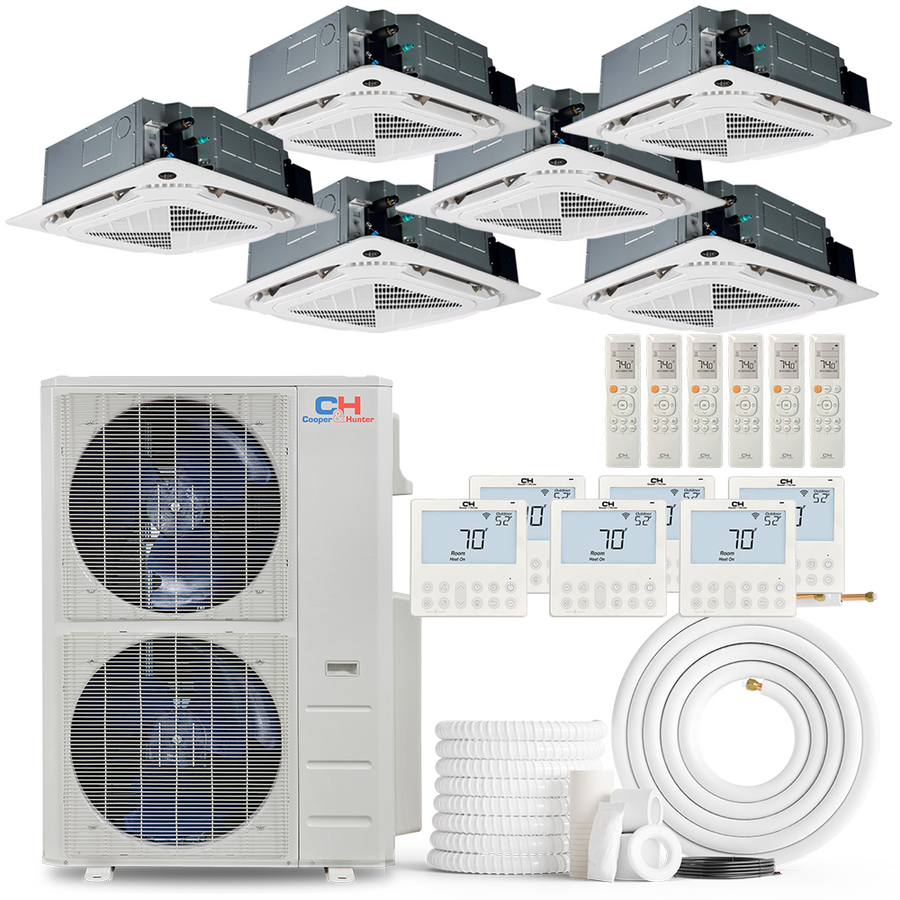 Cooper&Hunter 6-Zone Ductless Mini Split AC & Heat Pump -- 48000 (4.0 Ton), Ceiling Cassette Units (9K+9K+9K+9K+12K+12K BTU), Inverter Technology, 230V, Heating & Cooling - R454B