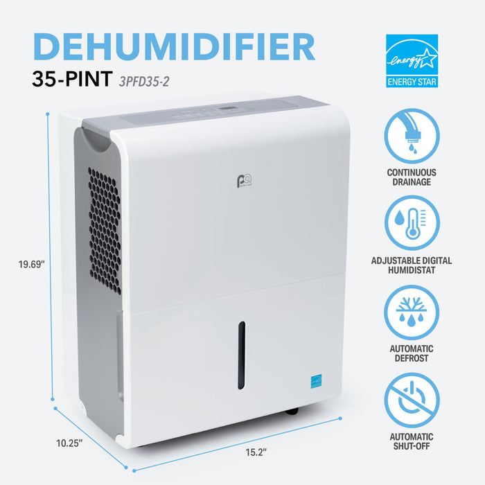Perfect Aire 35-Pint ENERGY STAR Dehumidifier With Continuous Drainage, Ultra-Quiet Operation - Ideal for Medium-Sized Rooms & Basements