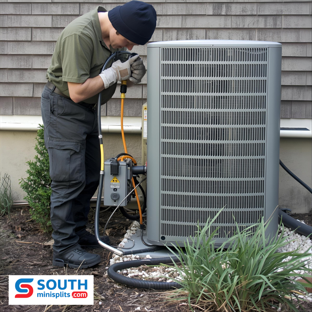 A professional guys working on mini split heat pump maintenance