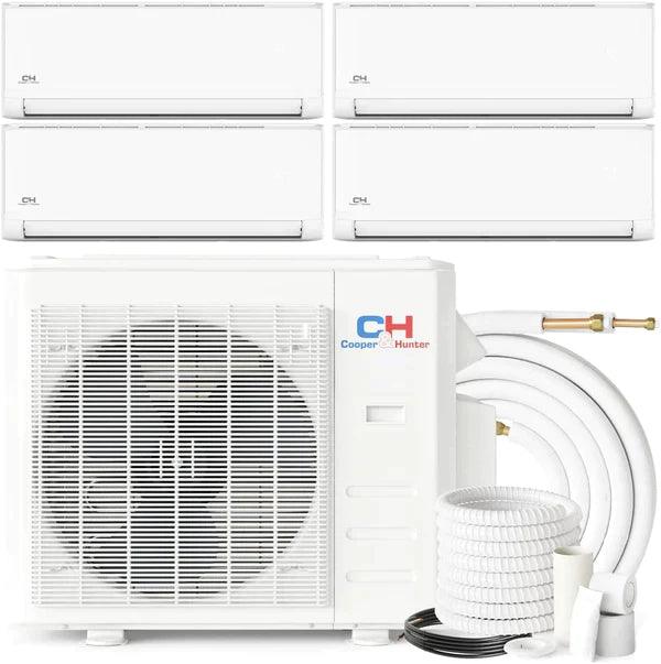 4 Zone Cooper & Hunter Olivia Series Ductless Mini Splits 9k+9k+12k+12k BTU Wall Mounts and 22.5 SEER 36K BTU 208-230V 3 Ton Quad Zone AC System with 25ft Installation Kits + Wi-Fi Adapter - South Mini Splits