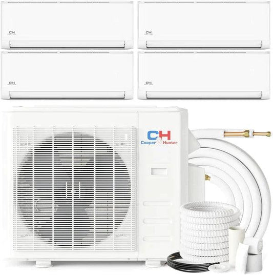 4 Zone Cooper & Hunter Olivia Series Ductless Mini Splits 9k+9k+12k+12k BTU Wall Mounts and 22.5 SEER 36K BTU 208-230V 3 Ton Quad Zone AC System with 25ft Installation Kits + Wi-Fi Adapter - South Mini Splits