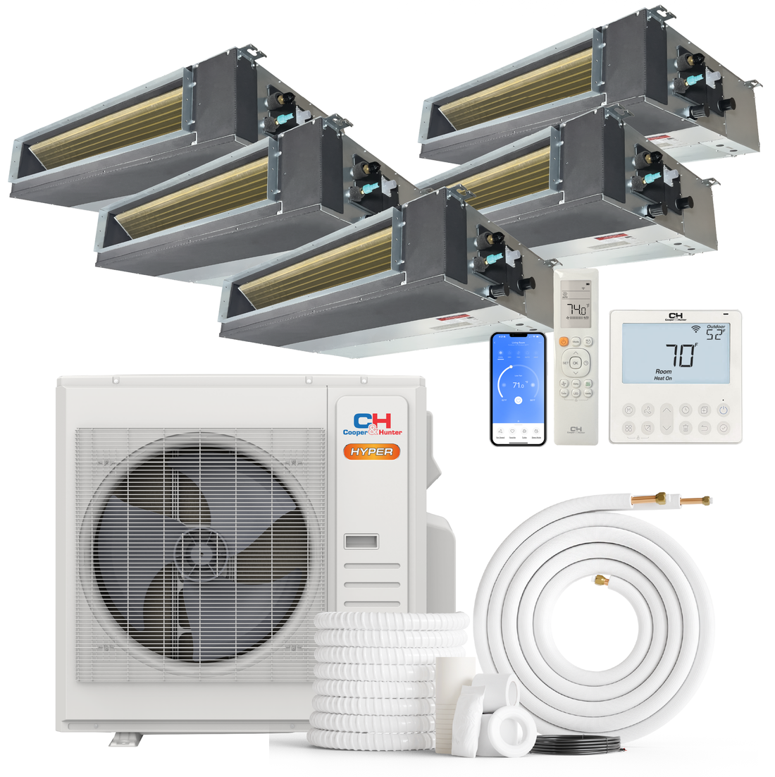 Cooper&Hunter Hyper Heat 5-Zone Ducted Mini Split AC & Heat Pump -- 36000 BTU (3.0 Ton) Without Shut-off Valves, Slim Ducts Units (6K+9K+9K+9K+9K) BTU, Inverter Technology, 230V, Heating & Cooling