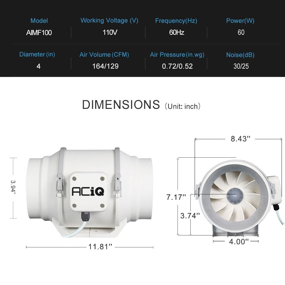 ACiQ 4 Inch Mixed Flow Inline Duct Fan - White